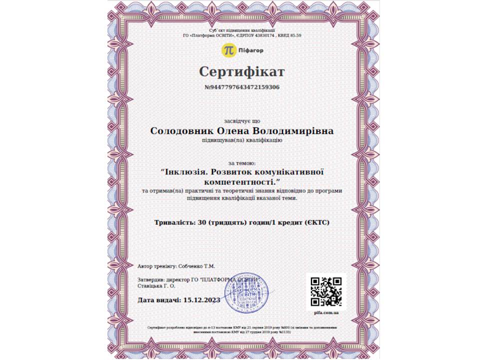 Підвищення кваліфікації за темою: "Інклюзія. Розвиток комунікативної компетентності"