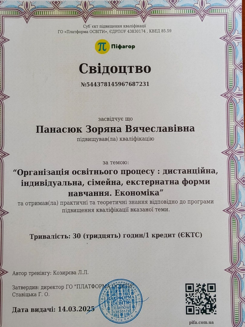 Організація освітнього процесу: дистанційна, індивідуальна, сімейна, екстернатна форми навчання. Економіка.