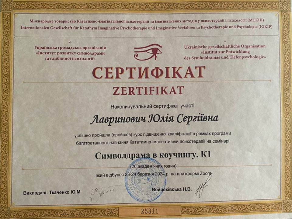 Підвищення кваліфікації в рамках програми багатоетапного навчання Кататимно-імагінативній психотерапії на семінарі "Символдрама в коучингу. К1"