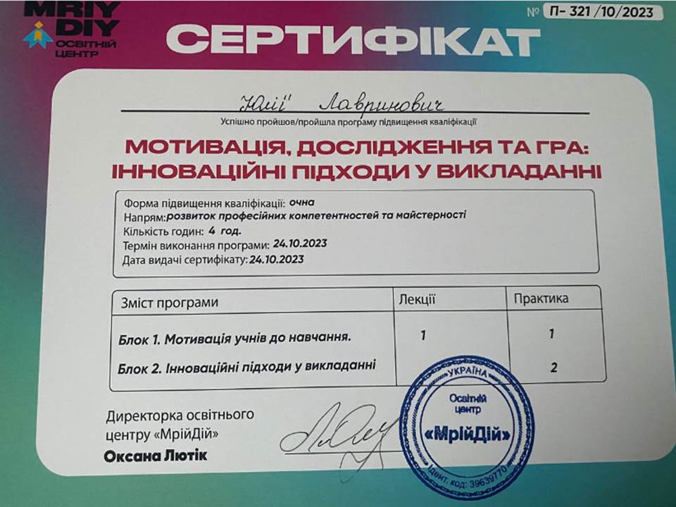 Підвищення кваліфікації "Мотивація. Дослідження та гра: інноваційні підходи у викладанні"