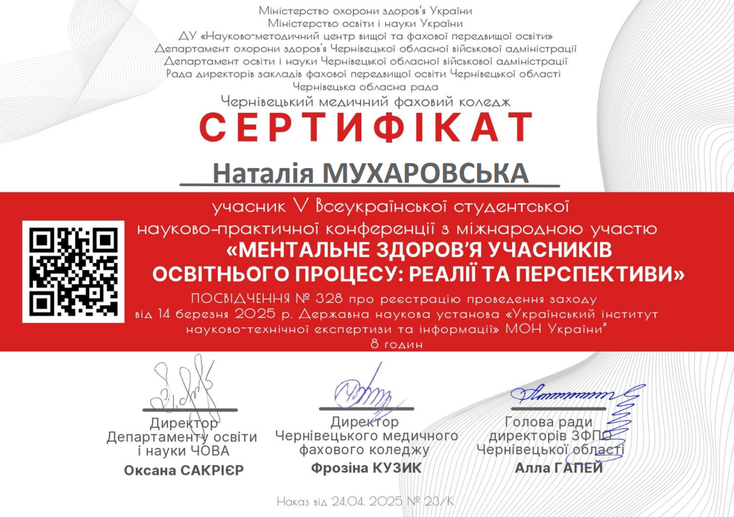 Учасник V Всеукраїнської студентської науково-практичної конференції з міжнародною участю «Ментальне здоров'я учасників освітнього процесу: реалії та перспективи»
