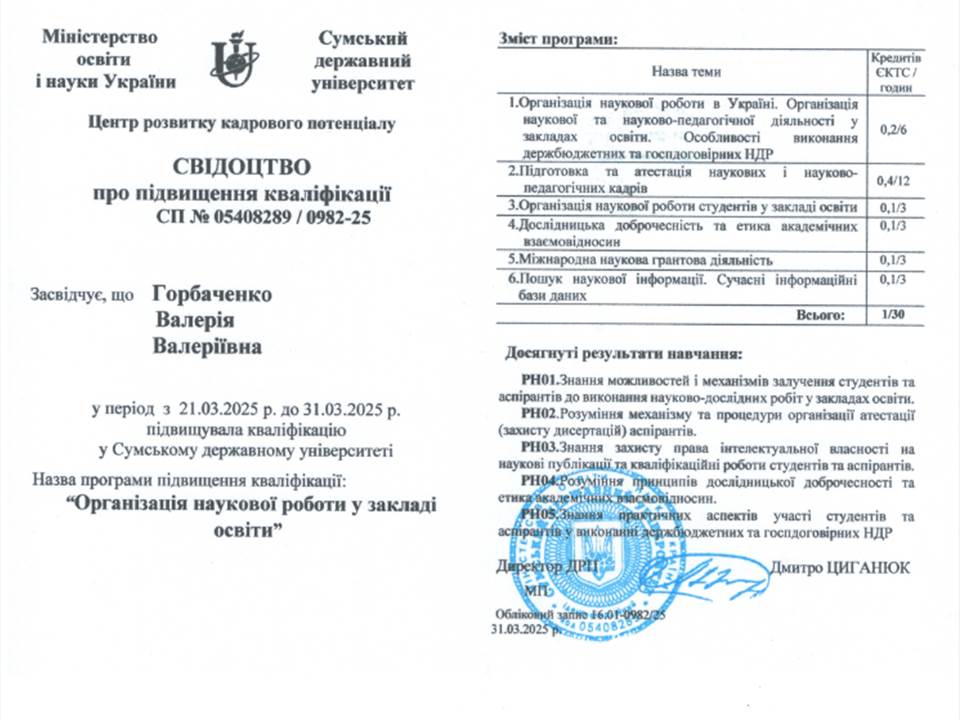 Підвищення кваліфікації "Організація наукової роботи у закладі  освіти"